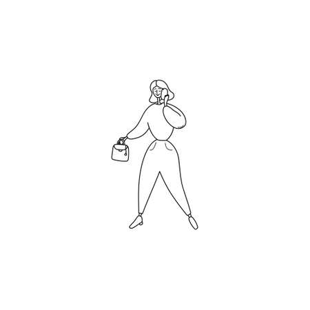 Young woman speaks on phone and holds bag in her hand. Girl smiles and talks on her mobile. Female character on walk talking on smartphone. Vector cartoon illustrationのイラスト素材