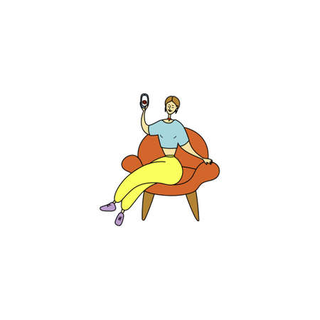 Beautiful woman makes selfie. Pretty girl is filming herself. Female sits in chair and shoots vlog. Influencer chatting with followers on phone. Blogger shoots vlog. Cartoon hand drawn illustrationのイラスト素材