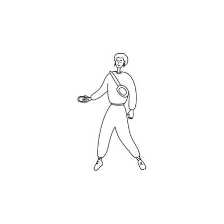 Illustration of man walking and talking on phone. Guy is talking on mobile phone on go. Male character records voice message and listens audio, podcast. Vector linear illustration. Hand drawn graphicのイラスト素材