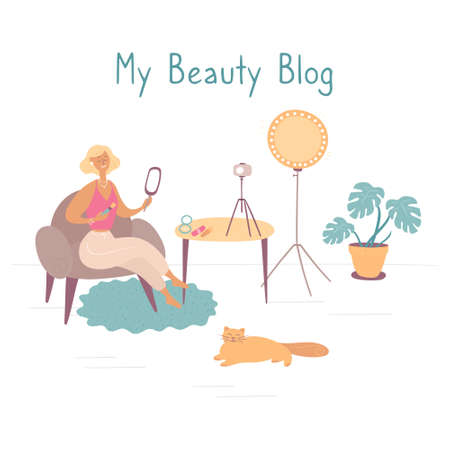 Beauty blogger. Young woman records video. Makeup artist reviews cosmetics on her blog. Influencer streams and does makeup. Artist tutorial. Hand drawn flat vector illustration in cartoon styleのイラスト素材