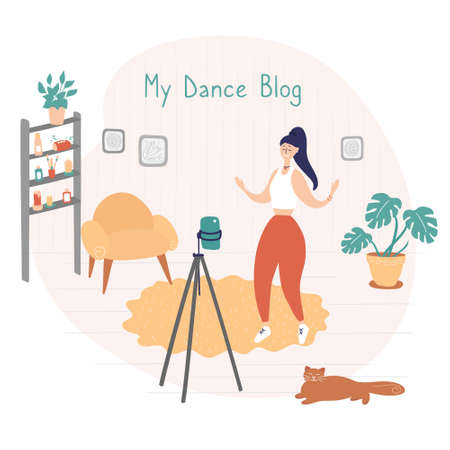 Dance Blogger. Young woman records video. Dancer is dancing in front of camera. Girl shoots funny video for social networks. Vector hand drawn illustration in cartoon styleのイラスト素材