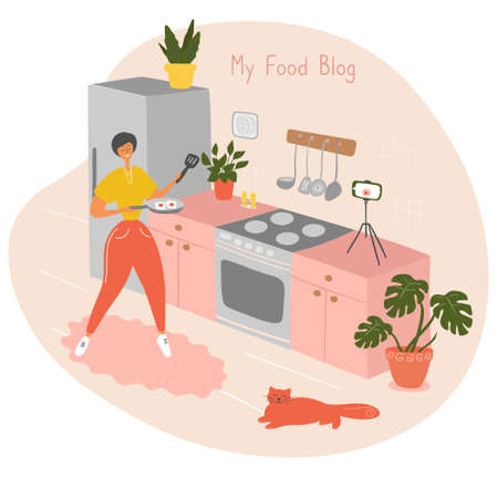 Food blogger stands at stove in kitchen. Video online cooking lessons. Woman shares recipes with followers. Female influencer filming lesson on camera for video channel in kitchen studio. Flat cartoonのイラスト素材