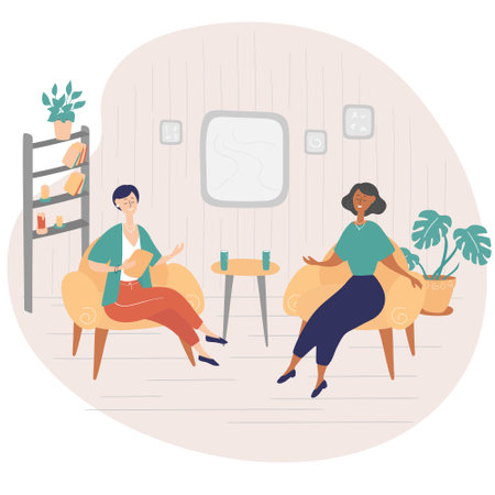 Interview show. Interviewer asks young woman questions. Two women sit on chairs and talk. TV show. Hand drawn vector illustration in cartoon styleのイラスト素材