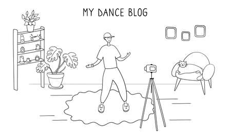 Dance star is recording video for his blog. Dance Challenge concept. Young man learning moves with online classes and tutorials. Male influencer writes video blog for subscribers. Vector illustrationのイラスト素材