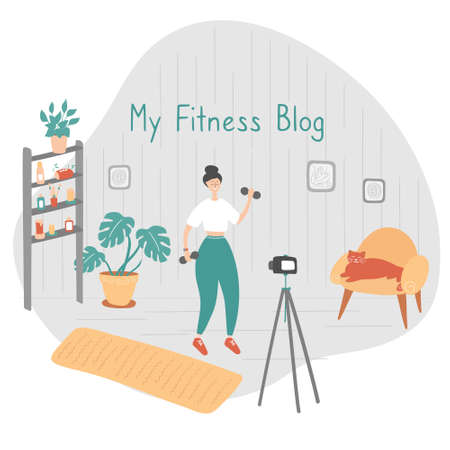 Fitness blogger. Young woman records video. Sportswoman shows exercises on blog. Internet star is broadcasting live for her followers. Vector flat illustration in cartoon styleのイラスト素材