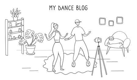 Dance stars are recording videos for their blog. Dance Challenge concept. Young man and woman learn moves with online classes and tutorials. Influencers write video blog for subscribers. Vector imageのイラスト素材