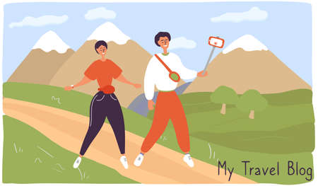 Travel bloggers shoot video on smartphone. Influencers take selfie photo for blog on social media. Young couple vloggers broadcasting vlog from trip. Lifestyle blog. Cartoon vector illustrationのイラスト素材
