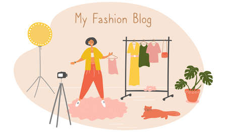 Fashion blogger. Young woman is recording video for her followers. Girl tells how to dress stylishly. Vector flat cartoon illustrationのイラスト素材