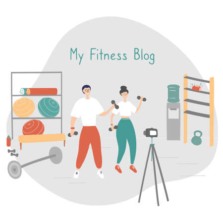Family fitness blog. Bloggers are recording content for their video blog. Athletes are broadcasting to their subscribers with camera on tripod. Fitness and healthy lifestyle concept. Vectorのイラスト素材