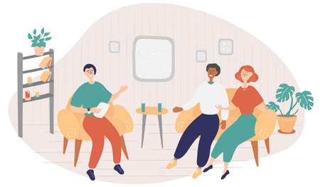 Male host asks famous celebrity couple on TV show. Popular internet stars give interview to television presenter in broadcast studio. Online interview channel concept. Cartoon vector illustrationのイラスト素材