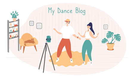 Dance stars are recording videos for their blog. TikTok Dance Challenge concept. Young man and woman learn moves with online classes and tutorials. Influencers write video blog for subscribers. Vectorのイラスト素材