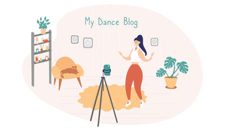 Blogger. Young woman records video. Dancer is dancing in front of camera. Girl shoots funny video for social networks. Vector hand drawn illustration in cartoon styleのイラスト素材