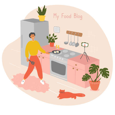 Food blogger prepare food in kitchen live. Video online cook tutorials. Man shares recipes with followers. Male influencer filming lesson on camera for video channel in kitchen studio. Vector flatのイラスト素材