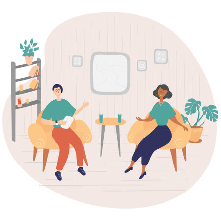 Male host asks famous celebrity on TV show. Popular woman-star gives interview to television presenter in broadcast studio. Internet interview channel concept. Cartoon vector illustrationのイラスト素材