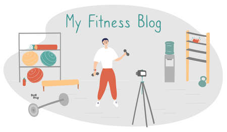 Fitness blogger. Young man records video. Sportsman shows exercises on blog. Internet star is broadcasting live for his followers. Vector illustration in cartoon styleのイラスト素材