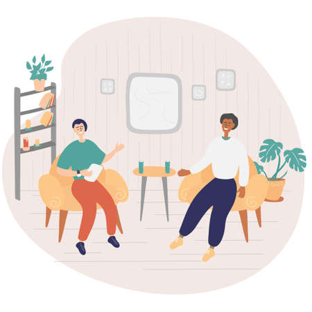 Male presenter asks famous celebrity on TV show. Popular man-star gives interview to television presenter in broadcast studio. Internet interview channel concept. Cartoon vector illustrationのイラスト素材