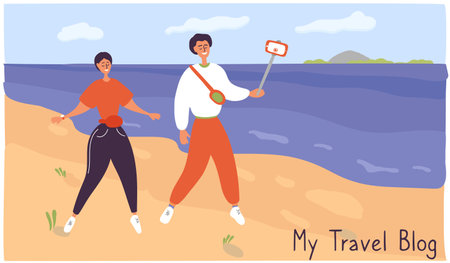 Travel bloggers walk along seaside. Young couple records video. Guy takes off the vlog while traveling. Influencers talk about life to their followers. Vector hand drawn illustration in cartoon styleのイラスト素材