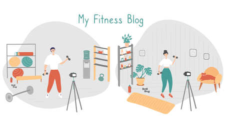 Fitness blog set. Trainer records videos for her followers. Remote workout concept. Sportswoman trains and records video on camera. Cartoon vector illustrationのイラスト素材