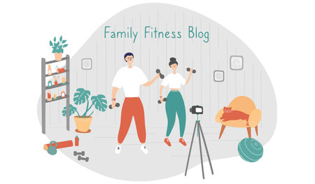 Family fitness blog. Bloggers are recording content for their video blog. Athletes are broadcasting to their subscribers with camera on tripod. Fitness and healthy lifestyle concept. Vectorのイラスト素材