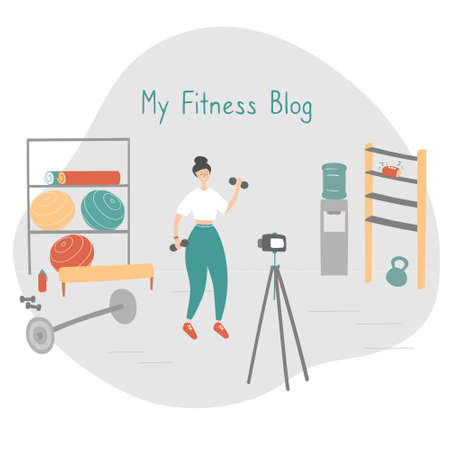 Fitness blogger. Sportswoman broadcasting vlog for followers. Athlete records video set of exercises for her subscribers. Remote workout training concept. Cartoon vector illustrationのイラスト素材