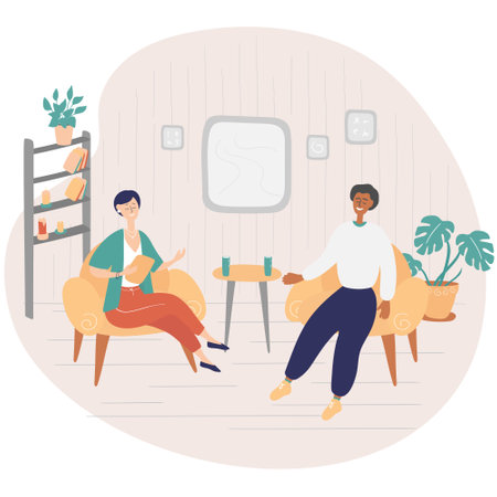 Female presenter asks famous celebrity on TV show. Popular man-star gives interview to television presenter in broadcast studio. Internet interview channel concept. Cartoon vector illustrationのイラスト素材