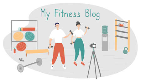 Family fitness blog. Bloggers are recording content for their video blog. Athletes are broadcasting to their subscribers with camera on tripod. Fitness and healthy lifestyle concept. Vectorのイラスト素材