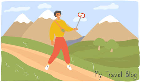 Travel blogger shoots video on smartphone. Male influencer takes selfie photo for blog on social media. Young man vlogger broadcasting vlog from trip. Lifestyle blog. Cartoon vector illustrationのイラスト素材
