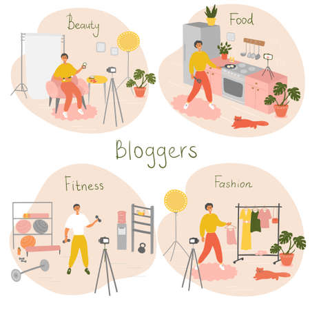 Set of bloggers and vloggers characters making internet content. Peoples creating video for their blog channel. Influencers shooting vlog. Vector cartoon illustrationのイラスト素材