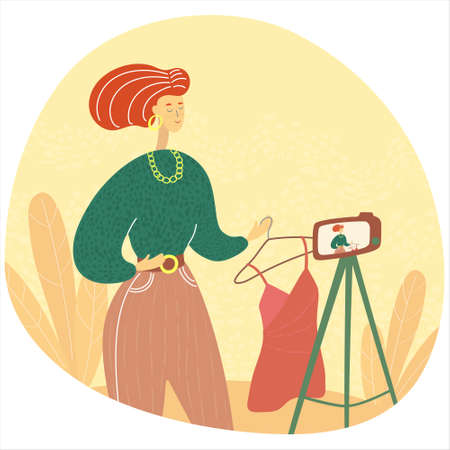 Character creating video for blog or vlog review. Fashion blogger presenting modern garments. Stylist showing stylish trendy clothing. Flat isolated illustrationのイラスト素材