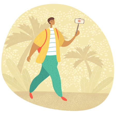 Travel blogger on a trip. Vector illustration in cartoon styleのイラスト素材