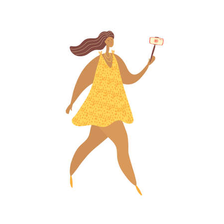 Beautiful woman walking and recording video on camera. Female talking to camera while having video call. Vector color illustration in cartoon styleのイラスト素材