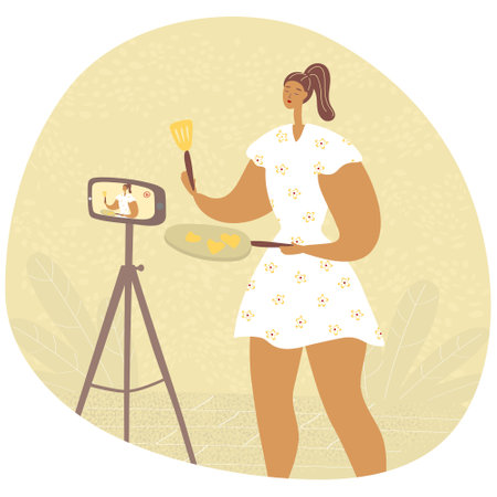 Cooking video blog. Female food blogger is recording video for followers. Women vlog or show channel with culinary tutorial. Hand drawn vector illustrationのイラスト素材