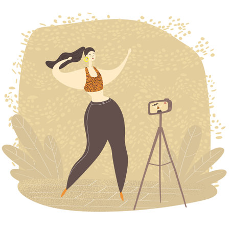 Female video blogger is dancing on camera. Young woman is live streaming with smart phone. Dance challenge. Cartoon vector illustrationのイラスト素材