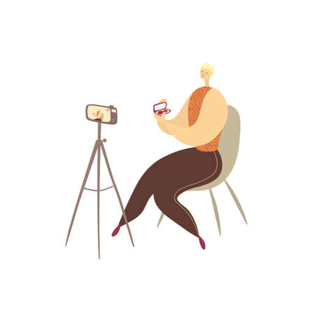 Beautiful young man is talking about cosmetics to the camera. Online makeup courses, beauty blog concept. Flat vector illustrationのイラスト素材