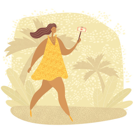 Young woman using smartphone for video call. Influencer creating vlog about travel. Network communication, blogging concept. Flat vector illustrationのイラスト素材