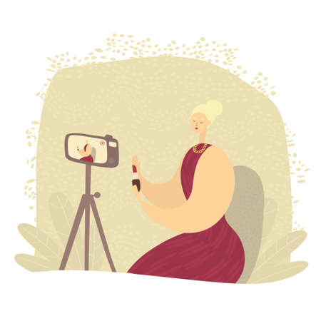 Woman is making video review of cosmetics. Beauty blogger is filming video with camera. Influencer is expressing her opinion on lipstick. Cartoon vector illustrationのイラスト素材