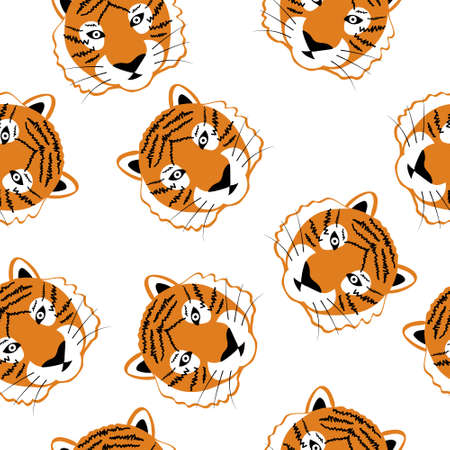 Tiger seamless pattern. Tigers heads isolated on the white background. Animal background for fabric or wallpaper design. Vector cartoon illustrationのイラスト素材