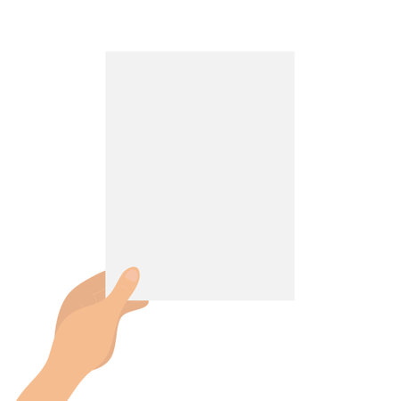 Hand holding a blank sheet of paper, mockup empty template. Place for your inscription. Vector flat illustrationのイラスト素材