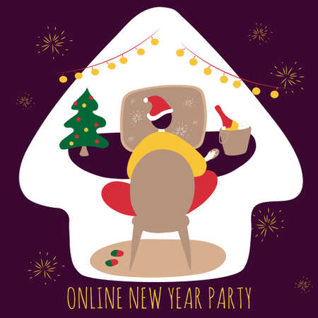 Online New Year party. Celebration in lockdown conditions. Remote friends and family meeting. Video chat. Vector cartoon flat illustration.のイラスト素材