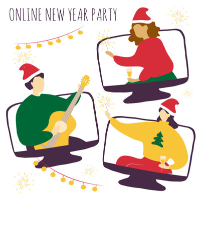 Online New Year party. Celebration in lockdown conditions. Remote friends and family meeting. Video chat. Vector cartoon flat illustration.のイラスト素材