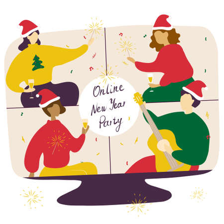 Online New Year party. Celebration in lockdown conditions. Remote friends and family meeting. Video chat. Vector cartoon flat illustration.のイラスト素材