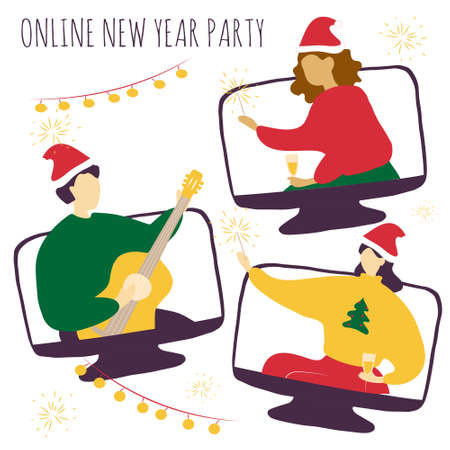Online New Year party. Celebration in lockdown conditions. Remote friends and family meeting. Video chat. Vector cartoon flat illustration.のイラスト素材
