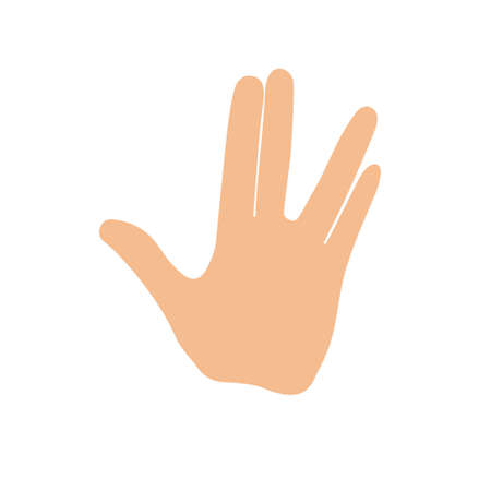 Raised hand with the thumb extended, while the fingers are parted between the middle and ring finger. Vulcan salute hand gesture. Wish Blessings for long life and prosperity.のイラスト素材