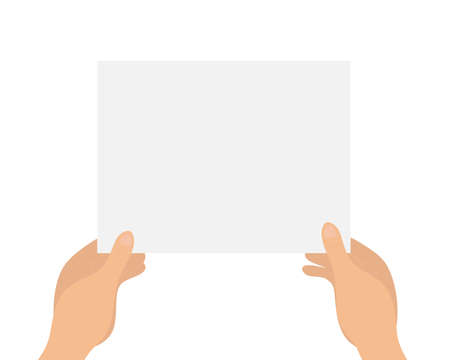 Two hands holding a blank paper page poster or placard. Frame for your text message. Colored vector flat illustrationのイラスト素材