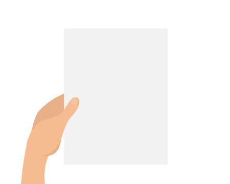 Hand holding a blank sheet of paper, mockup empty template. Place for your inscription. Vector flat illustrationのイラスト素材