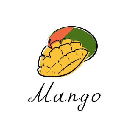 Mango sketch illustration. Tropical fruit vector icon on a white background. Hand-drawn vector sign for cafe restaurant menu, brochures, decorationのイラスト素材