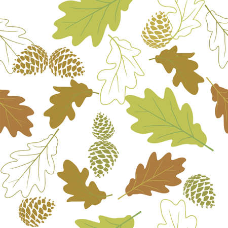 Abstract seamless pattern wiht oak leaves, pine cones. Vector background for various surfaces. Trendy hand drawn textures.のイラスト素材