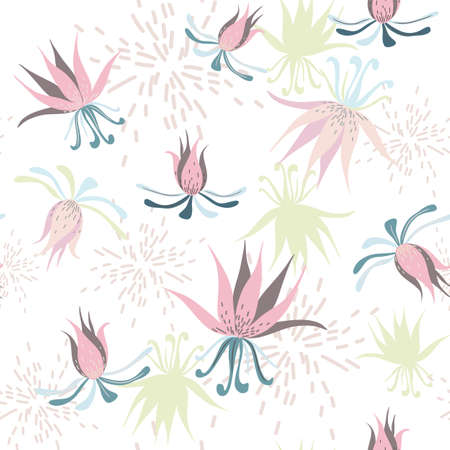 Abstract seamless pattern with leaves and flowers. Vector background for various surfaces. Trendy hand drawn textures.のイラスト素材