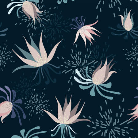Abstract seamless pattern with leaves and flowers. Vector background for various surfaces. Trendy hand drawn textures.のイラスト素材