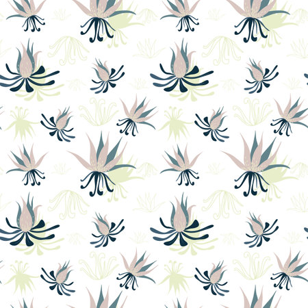 Abstract seamless pattern with leaves and flowers. Vector background for various surfaces. Trendy hand drawn textures.のイラスト素材